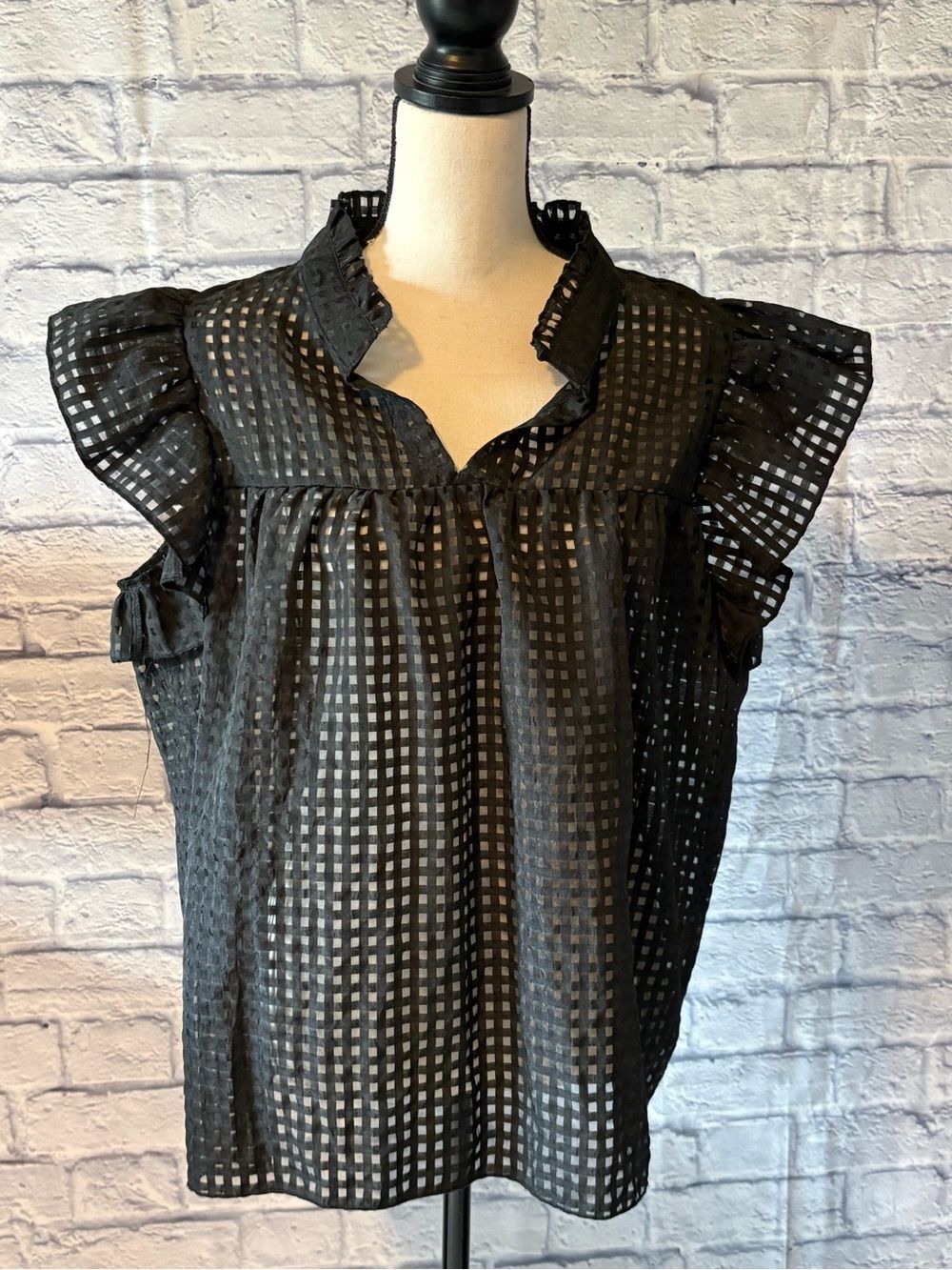 SHEIN Black Sheer Grid Ruffle Sleeve Tunic